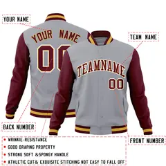 Gray Crimson-Khaki Raglan Varsity Full-Snap Letterman Jacket 4
