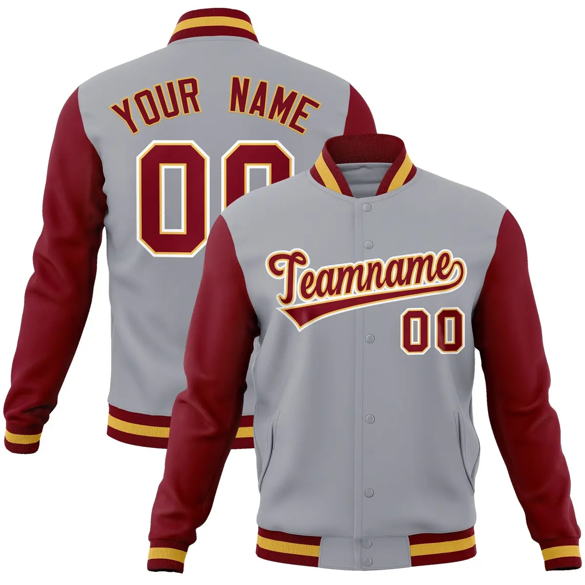 Gray Crimson-Khaki Raglan Varsity Full-Snap Letterman Jacket