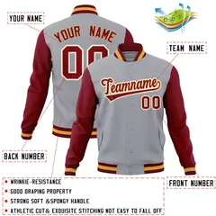 Gray Crimson-Khaki Raglan Varsity Full-Snap Letterman Jacket 4