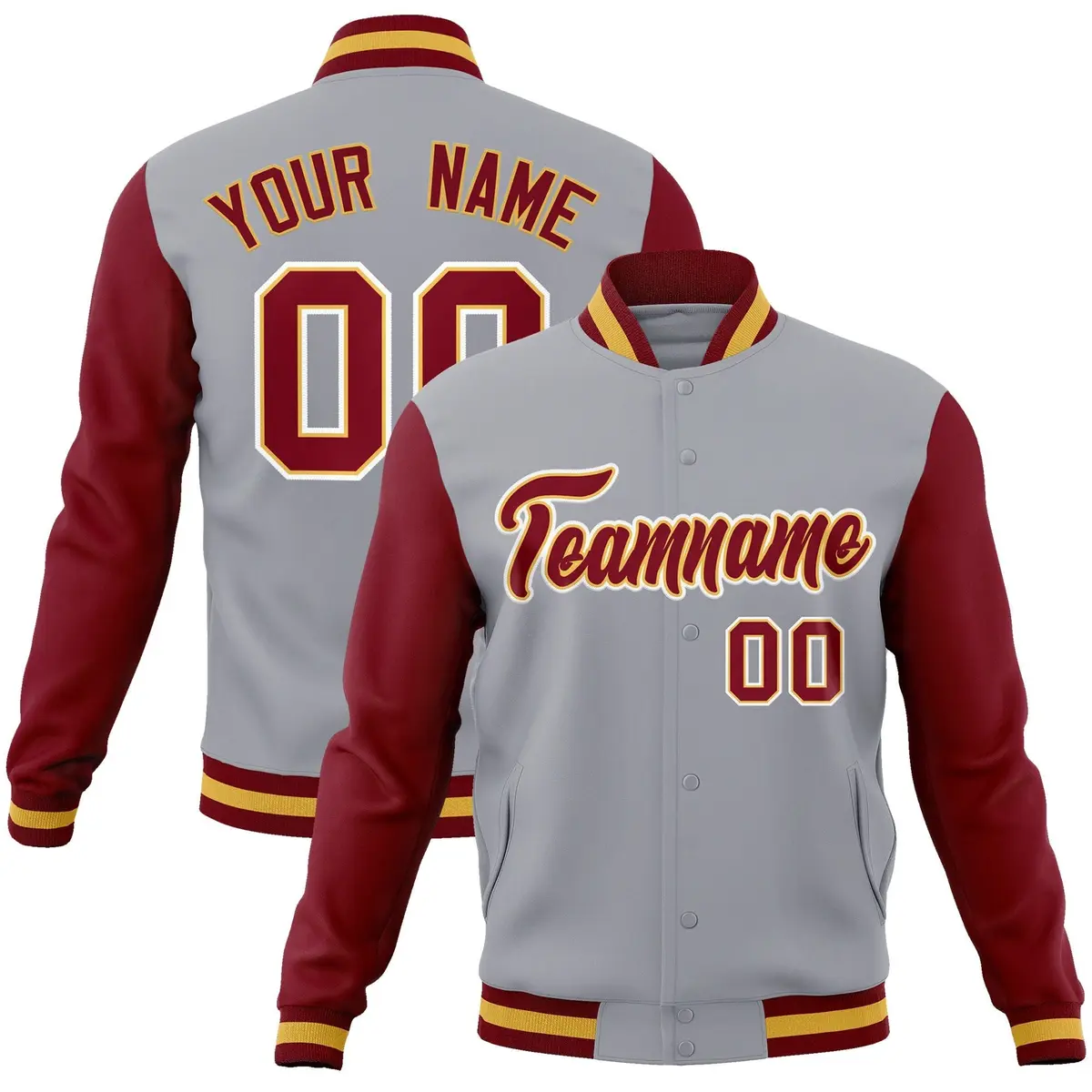 Gray Crimson-Khaki Raglan Varsity Full-Snap Letterman Jacket