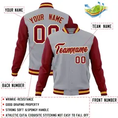 Gray Crimson-Khaki Raglan Varsity Full-Snap Letterman Jacket 4