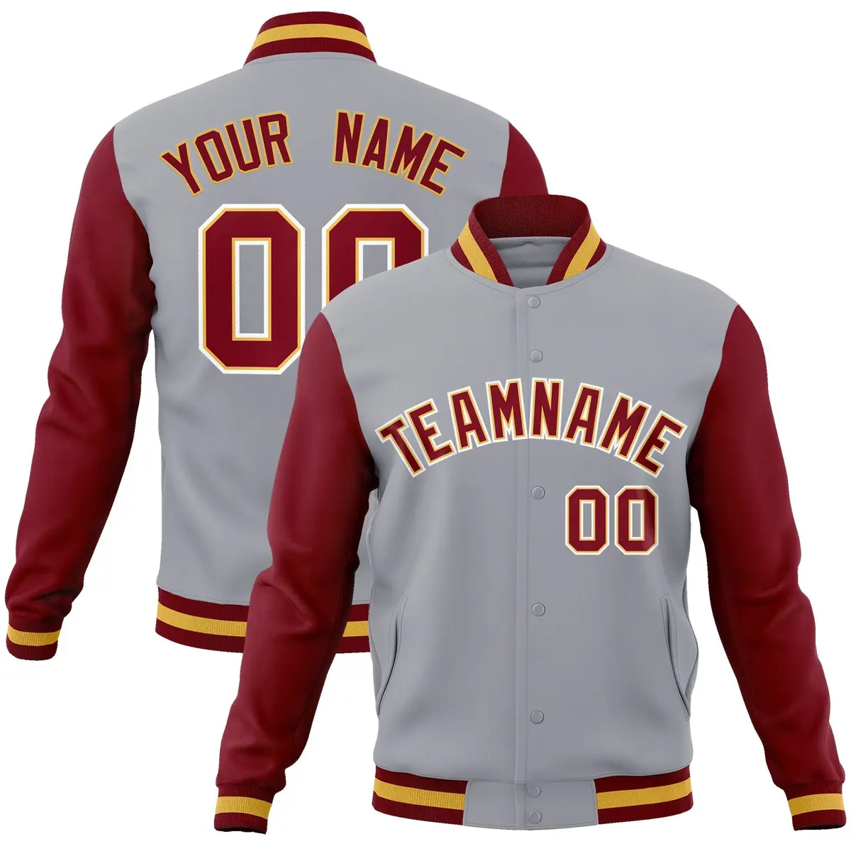 Gray Crimson-Khaki Raglan Varsity Full-Snap Letterman Jacket