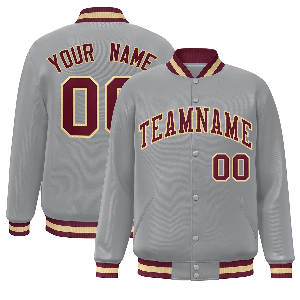 Gray Crimson-Khaki Varsity Full-Snap Letterman Jacket