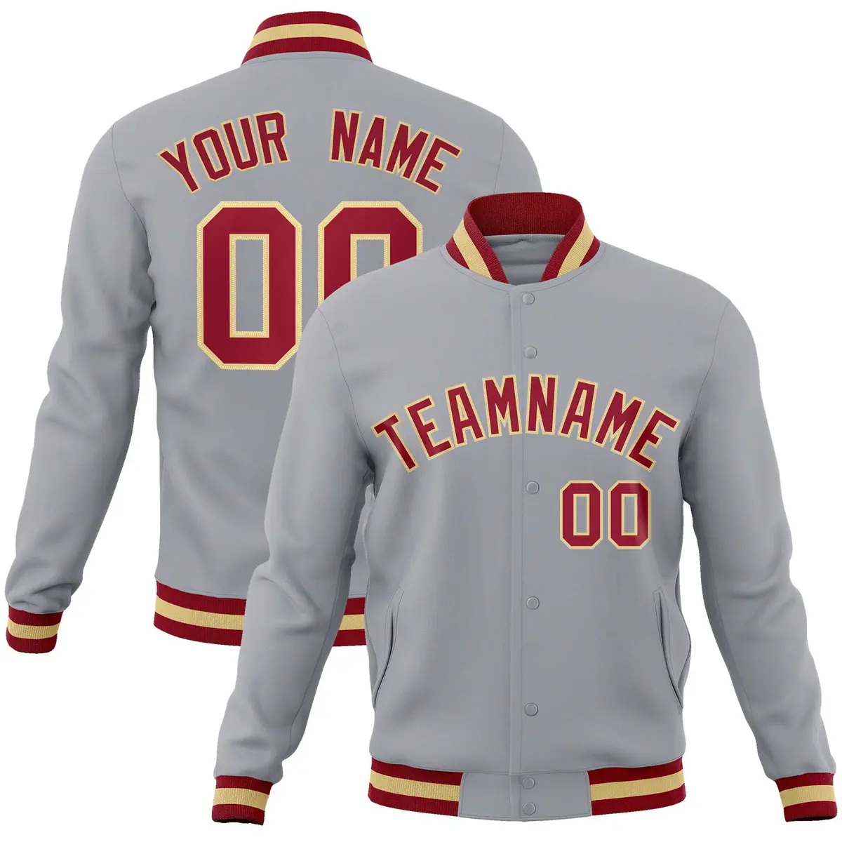 Gray Crimson-Khaki Varsity Full-Snap Letterman Jacket