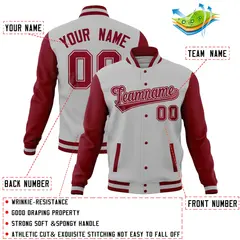 Gray Crimson Raglan Full-Snap Varsity Letterman Baseball Jacket 4