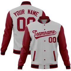 Gray Crimson Raglan Full-Snap Varsity Letterman Baseball Jacket