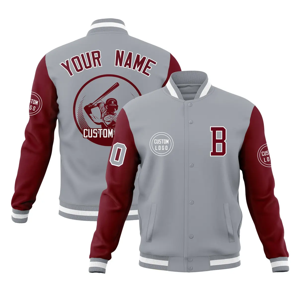 Gray Crimson Raglan Sleeves Full-Snap Varsity Letterman Jacket