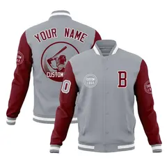 Gray Crimson Raglan Sleeves Full-Snap Varsity Letterman Jacket 1