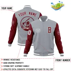 Gray Crimson Raglan Sleeves Full-Snap Varsity Letterman Jacket 4