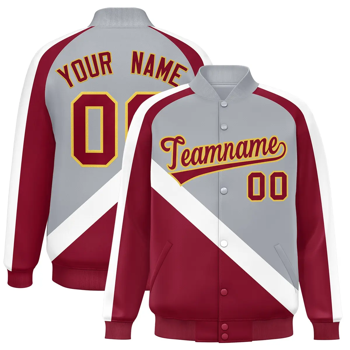 Gray Crimson Raglan Varsity Full-Snap Letterman Baseball Jacket