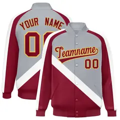 Gray Crimson Raglan Varsity Full-Snap Letterman Baseball Jacket 1
