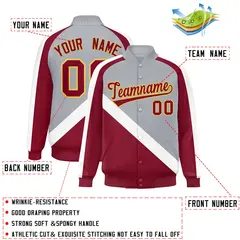 Gray Crimson Raglan Varsity Full-Snap Letterman Baseball Jacket 2