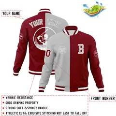 Gray Crimson Split Letterman Varsity Full-Snap Baseball Jacket 4