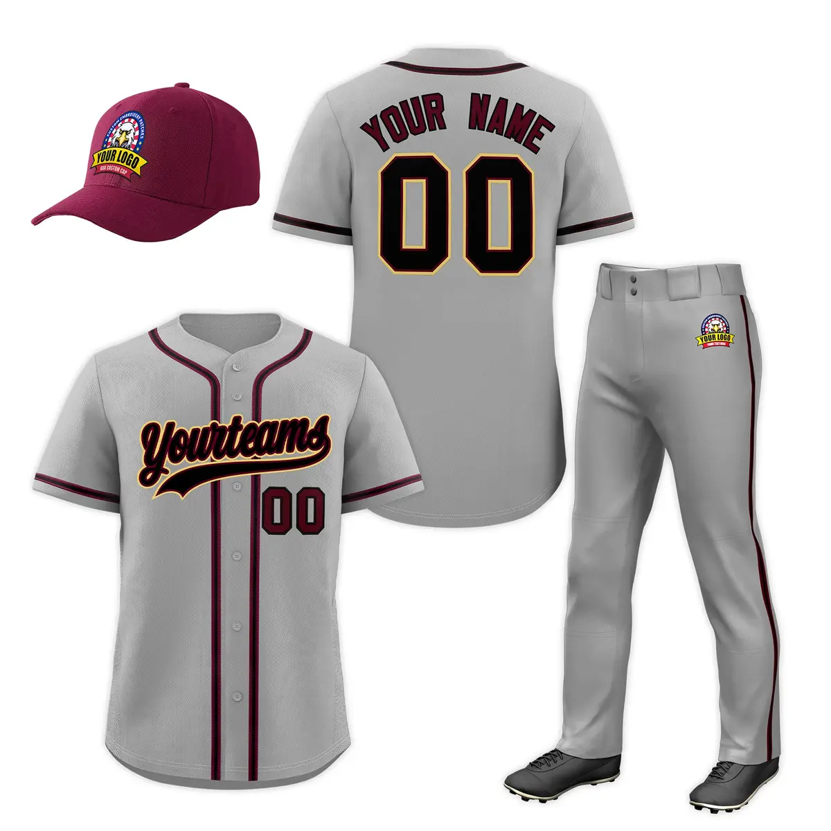 Gray Crimson Team Baseball Jersey Pants Hat Package