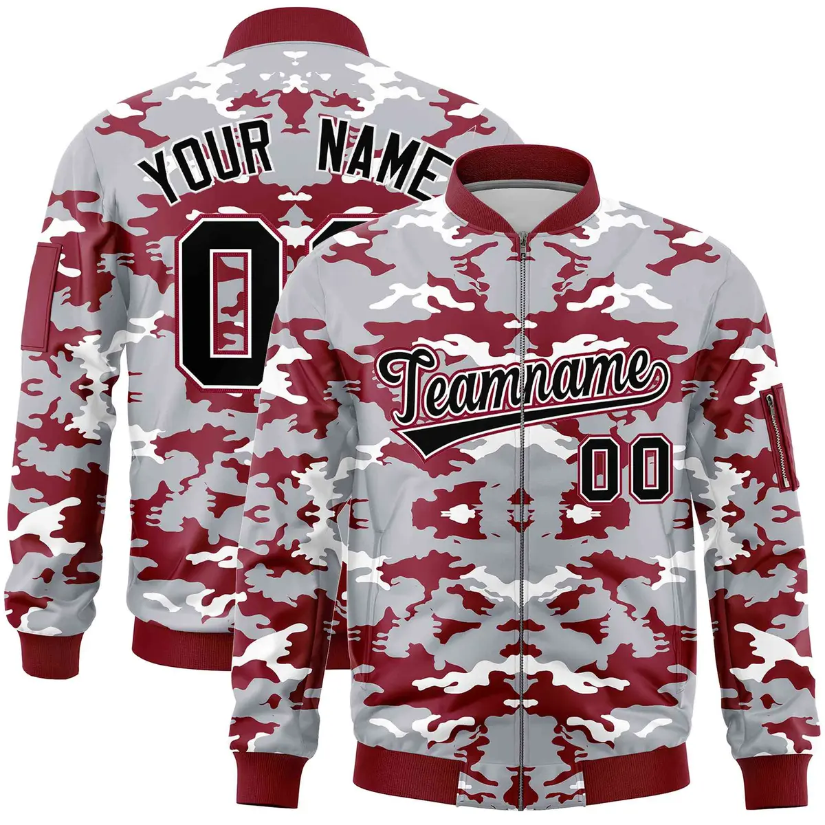 Gray Crimson-White Camo Full-Zip Letterman Bomber Jacket