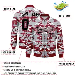 Gray Crimson-White Camo Full-Zip Letterman Bomber Jacket 2