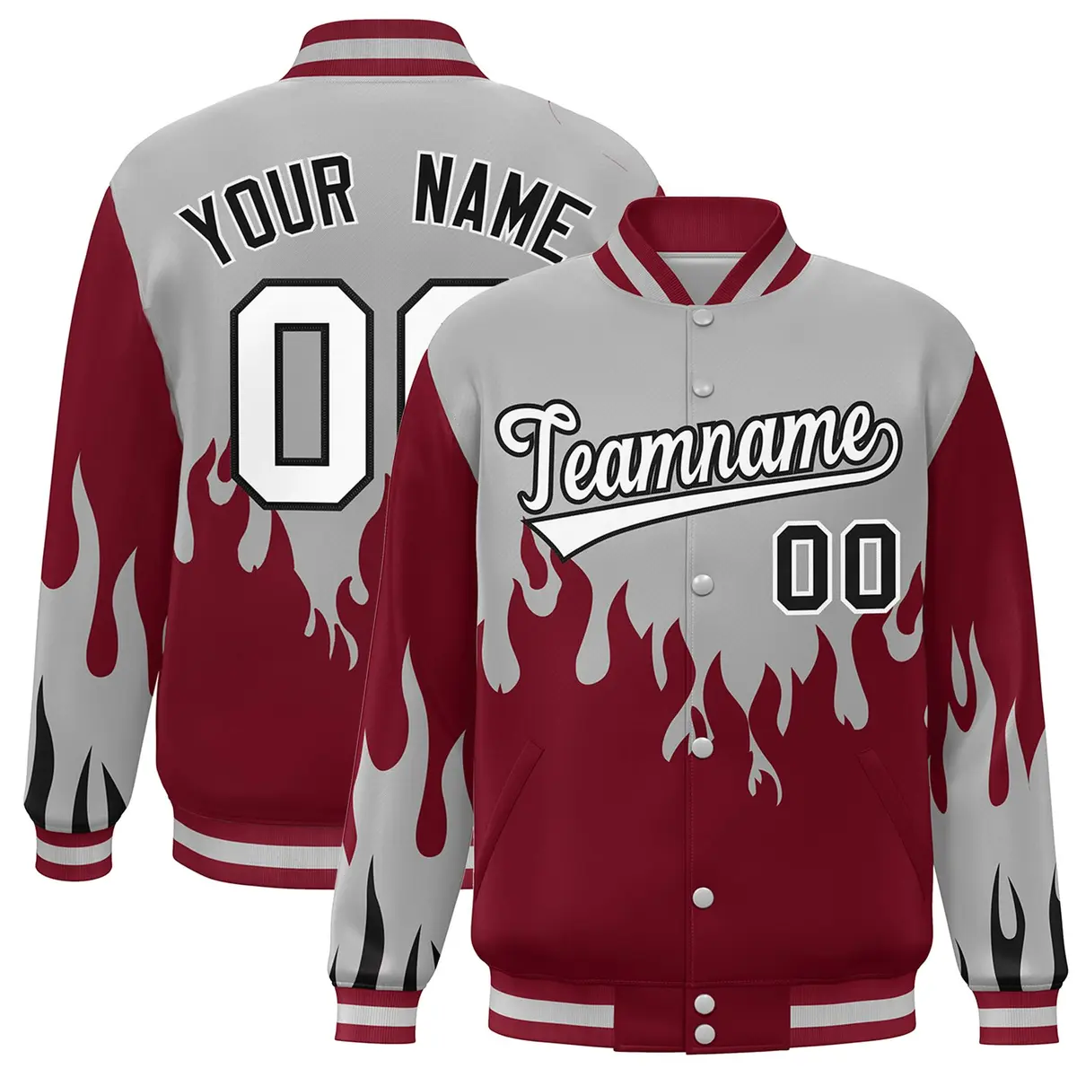 Gray Crimson-White Flame Graffiti Bomber Varsity Full-Snap Jacket