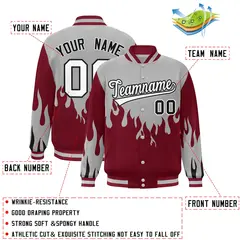 Gray Crimson-White Flame Graffiti Bomber Varsity Full-Snap Jacket 2