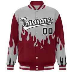 Gray Crimson-White Flame Graffiti Bomber Varsity Full-Snap Jacket 3