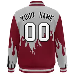 Gray Crimson-White Flame Graffiti Bomber Varsity Full-Snap Jacket 4