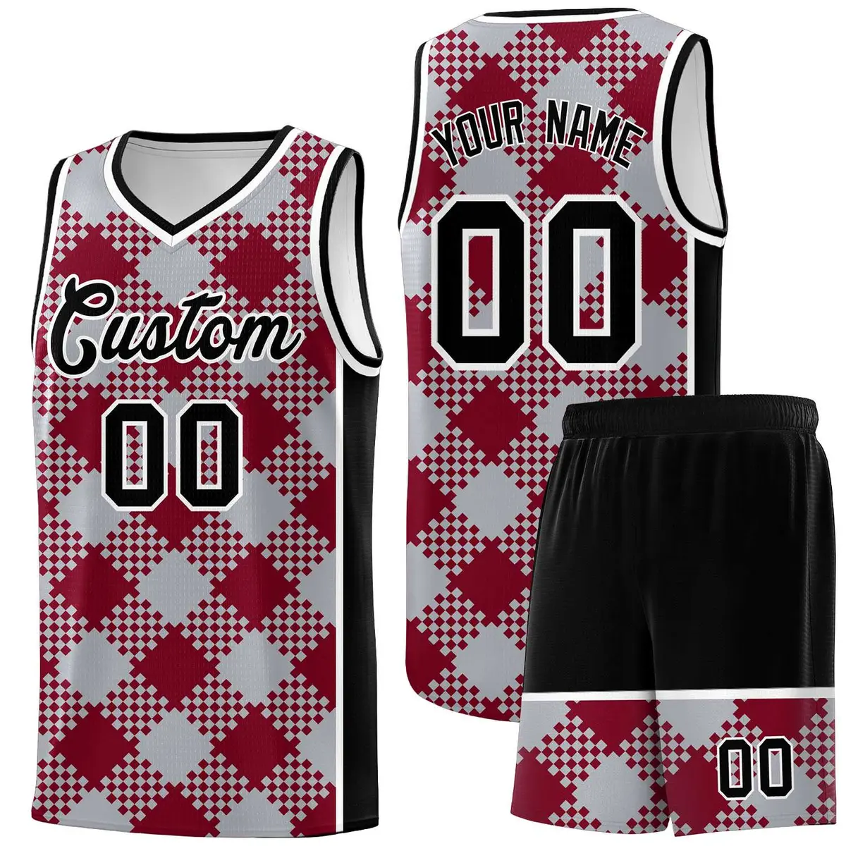 Gray Crimson-White Grid Basketball Kits For Team