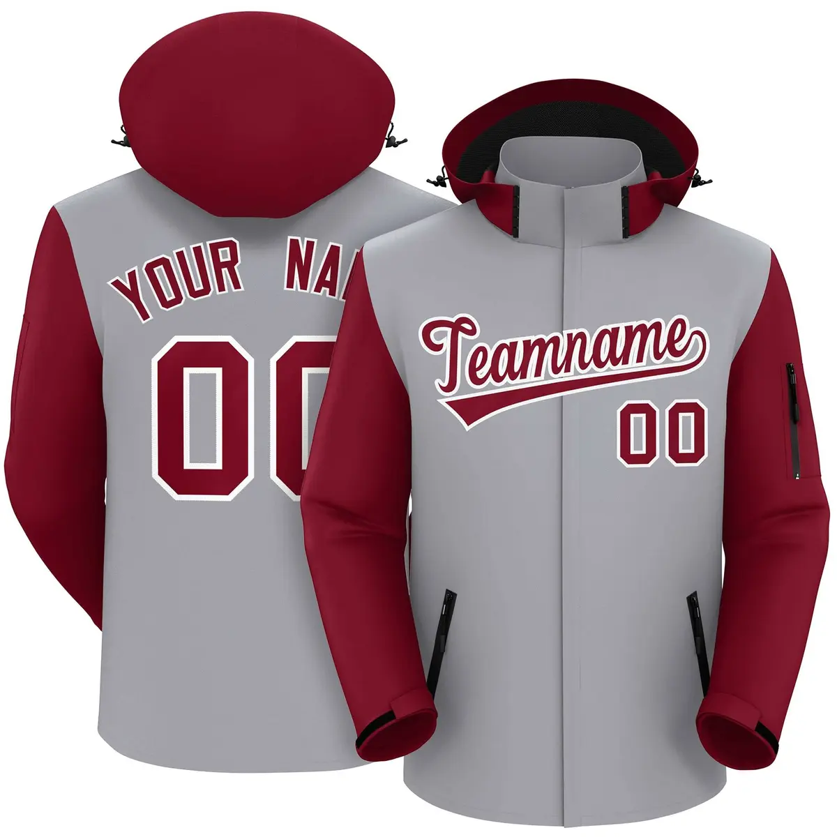 Gray Crimson-White Raglan Sleeves Waterproof Jacket