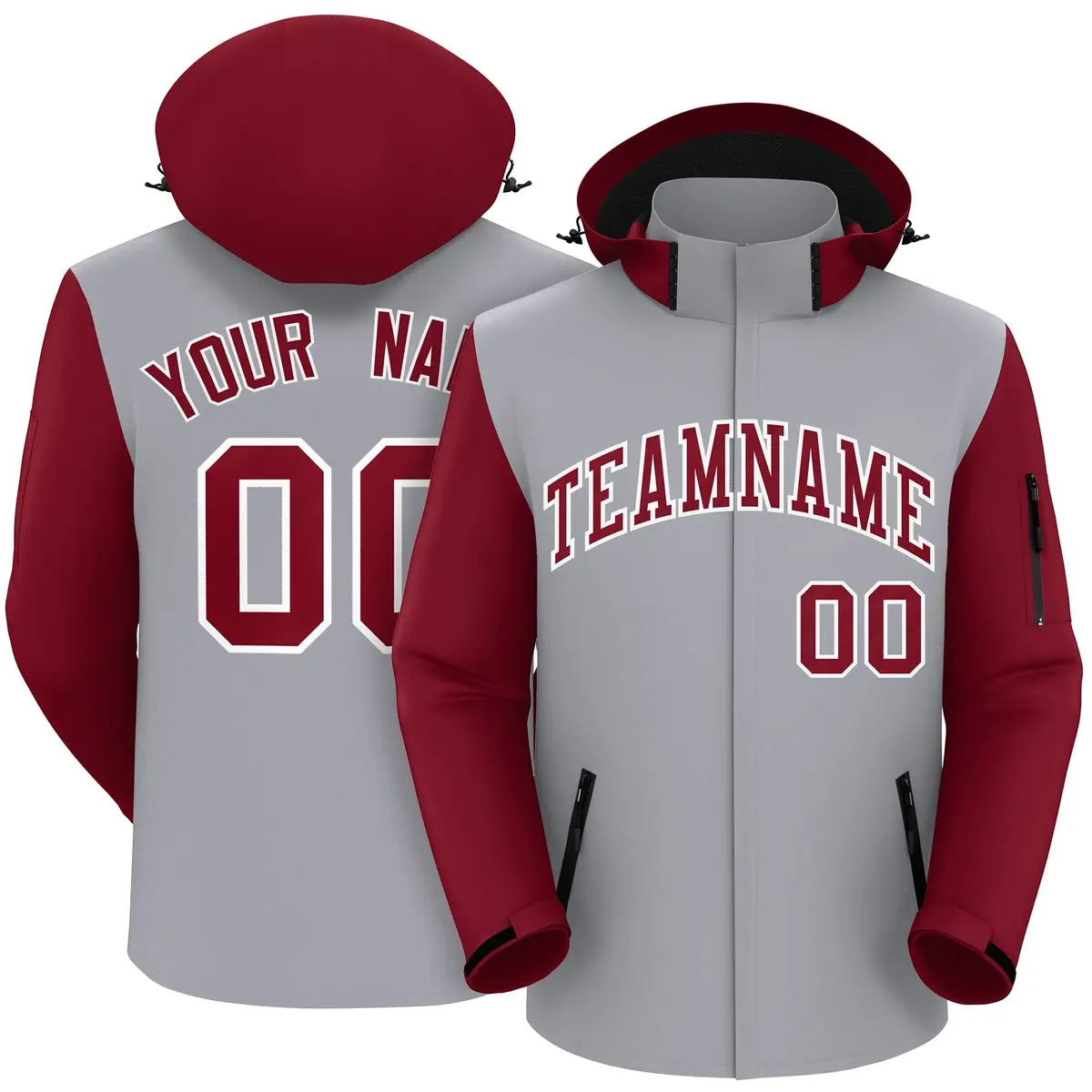 Gray Crimson-White Raglan Sleeves Waterproof Jacket