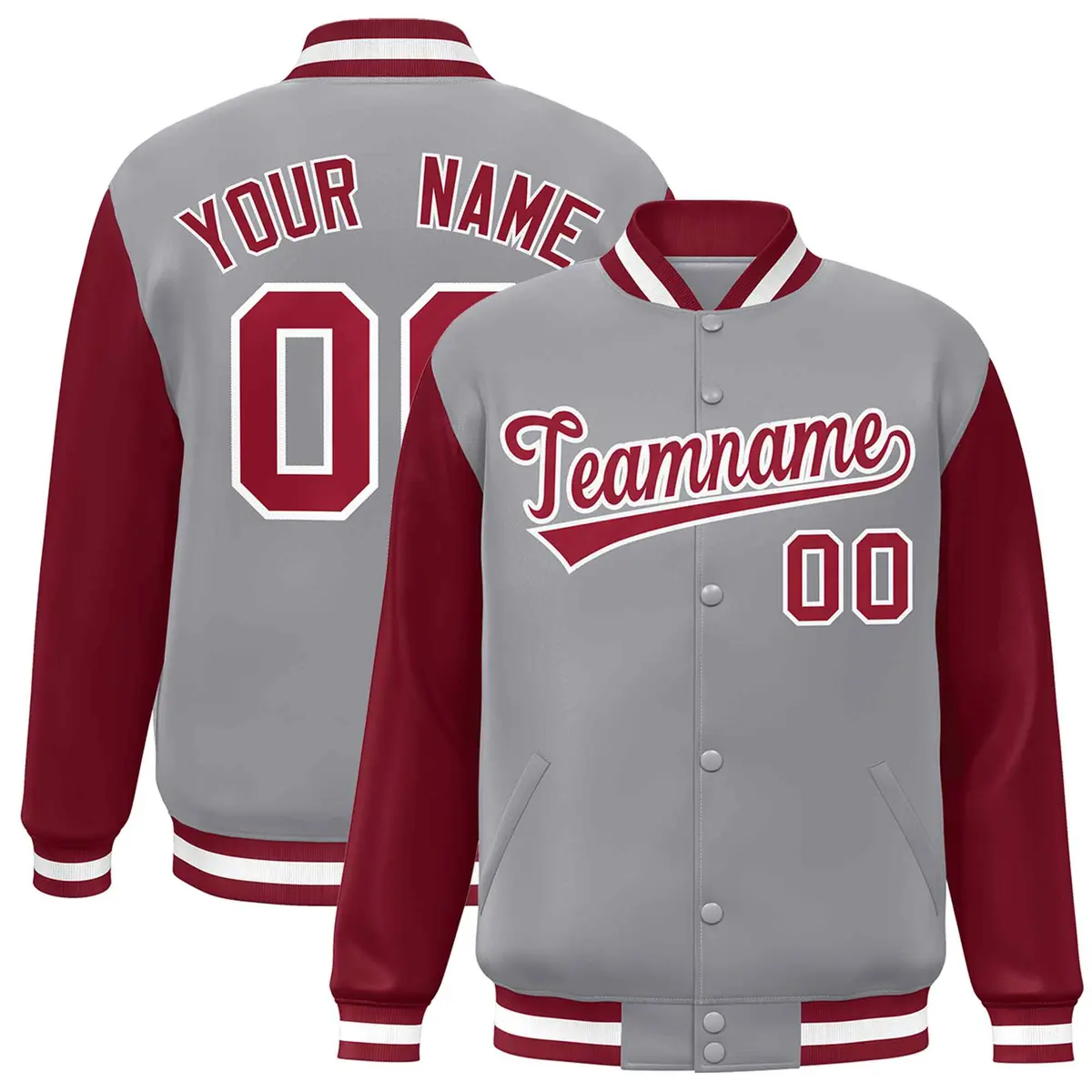 Gray Crimson-White Raglan Varsity Full-Snap Letterman Jacket