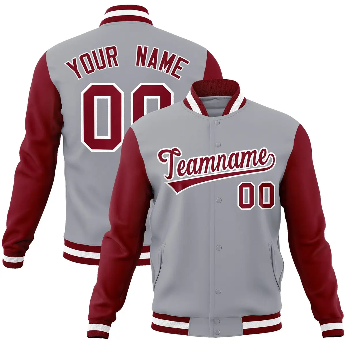 Gray Crimson-White Raglan Varsity Full-Snap Letterman Jacket