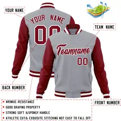 Gray Crimson-White Raglan Varsity Full-Snap Letterman Jacket 4