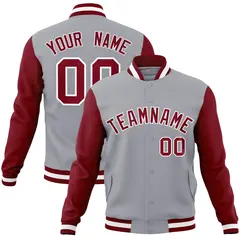 Gray Crimson-White Raglan Varsity Full-Snap Letterman Jacket
