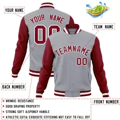 Gray Crimson-White Raglan Varsity Full-Snap Letterman Jacket 4