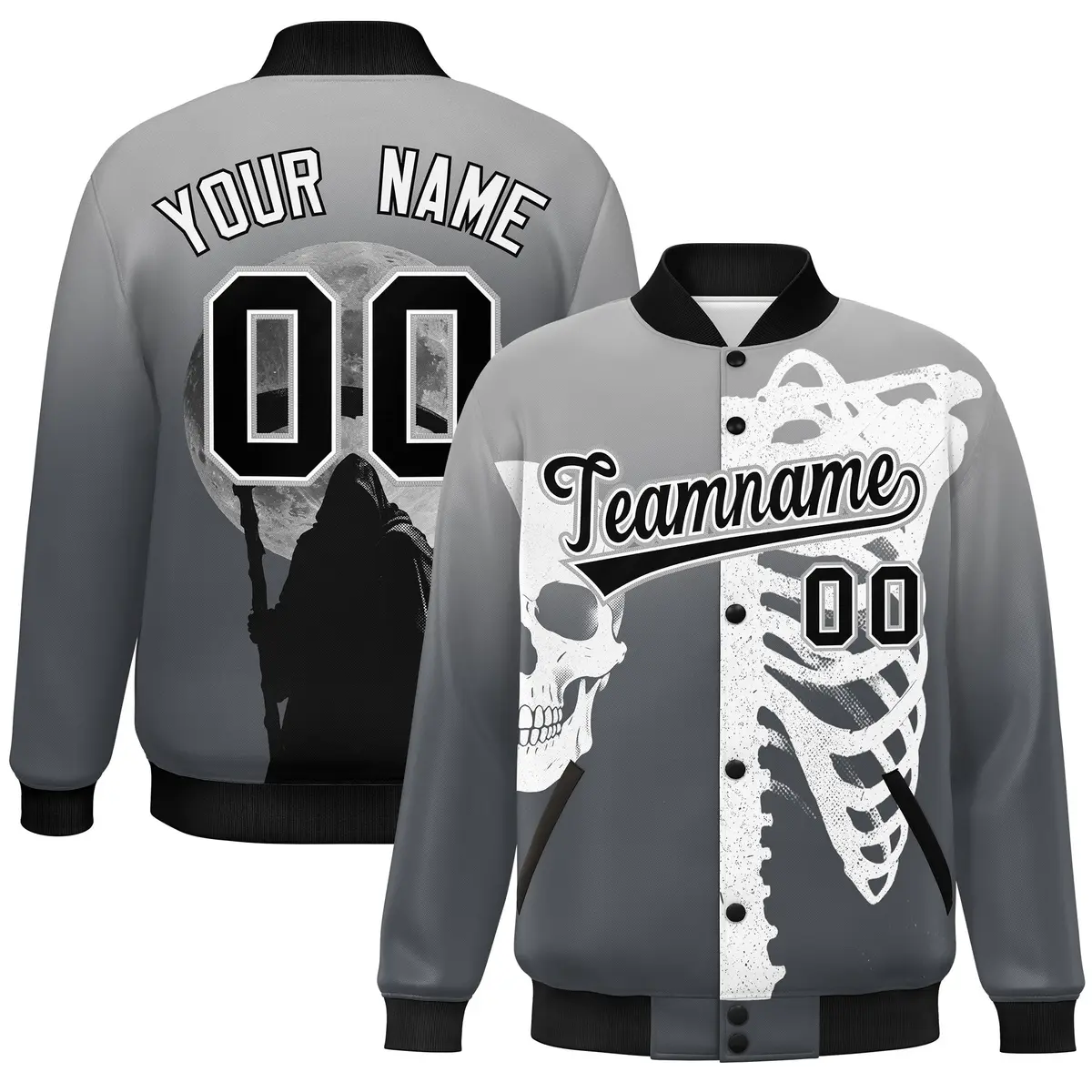 Gray Dark Gray Black Halloween Skeleton Graffiti Varsity Jacket Moisture-Wicking