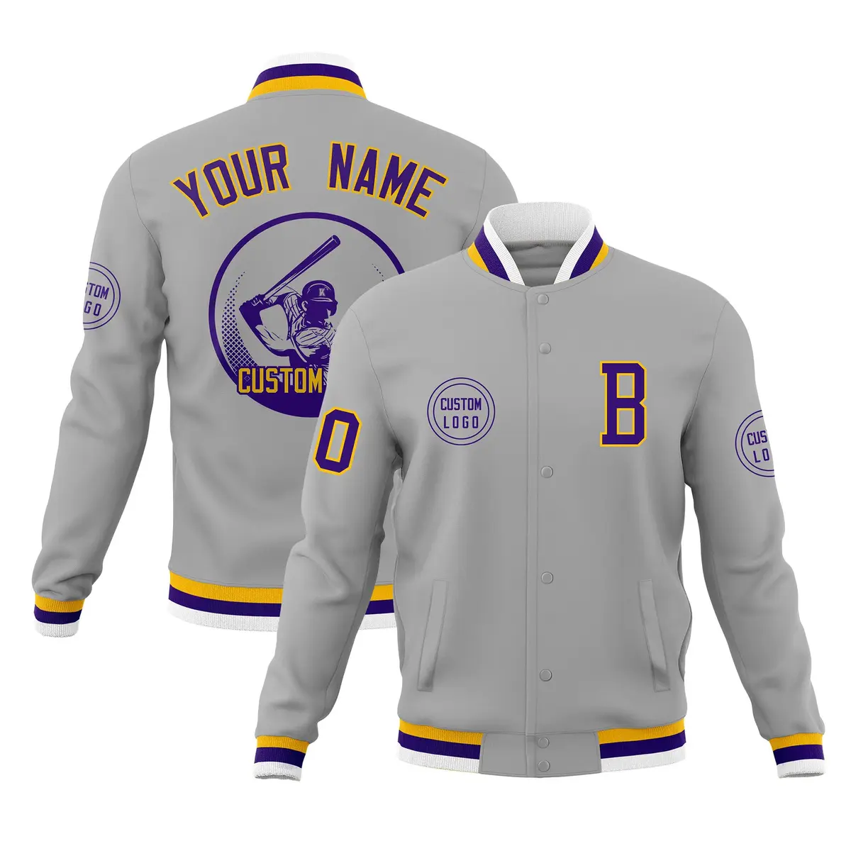 Gray Full-Snap Varsity Letterman Baseball Jacket