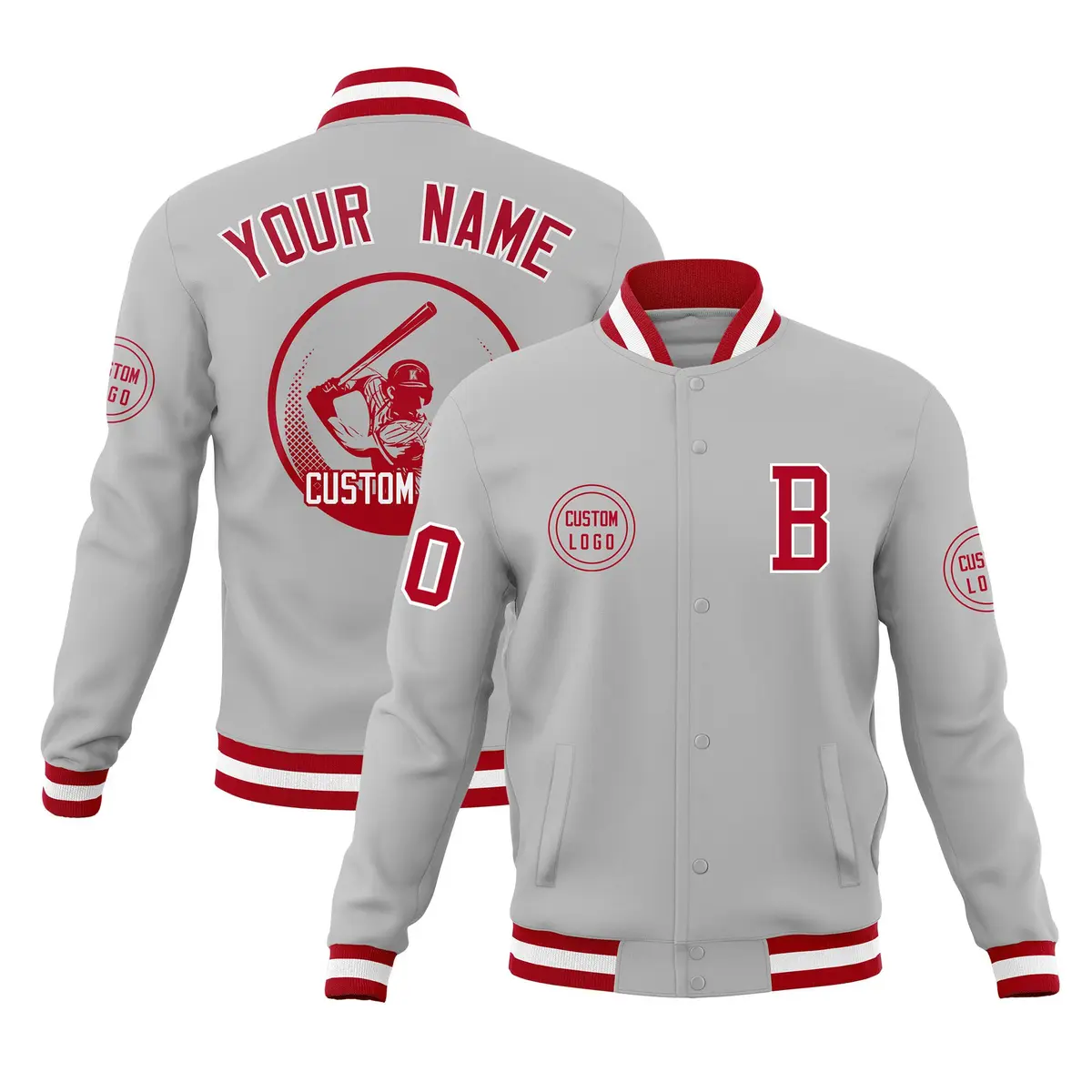 Gray Full-Snap Varsity Letterman Baseball Jacket