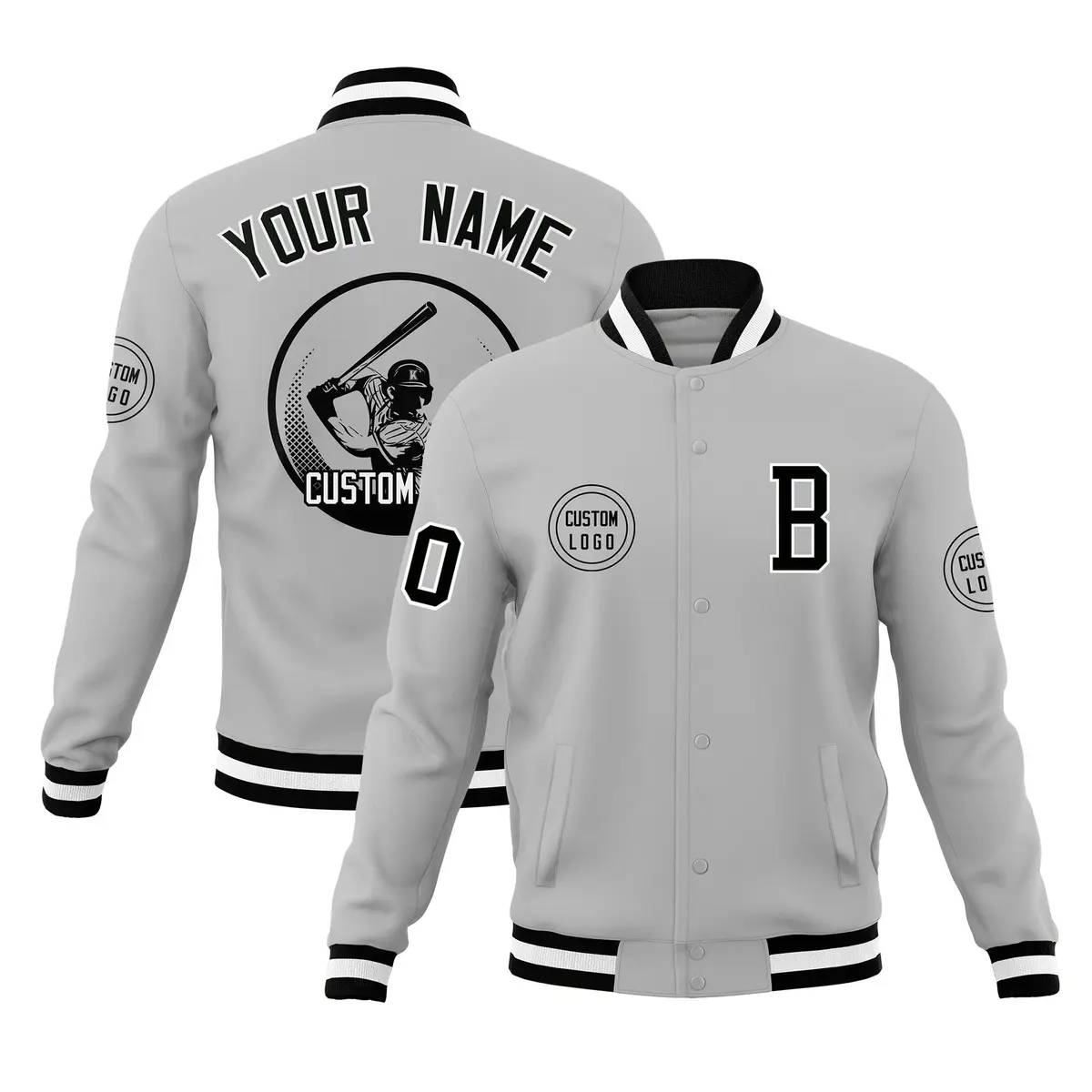 Gray Full-Snap Varsity Letterman Baseball Jacket