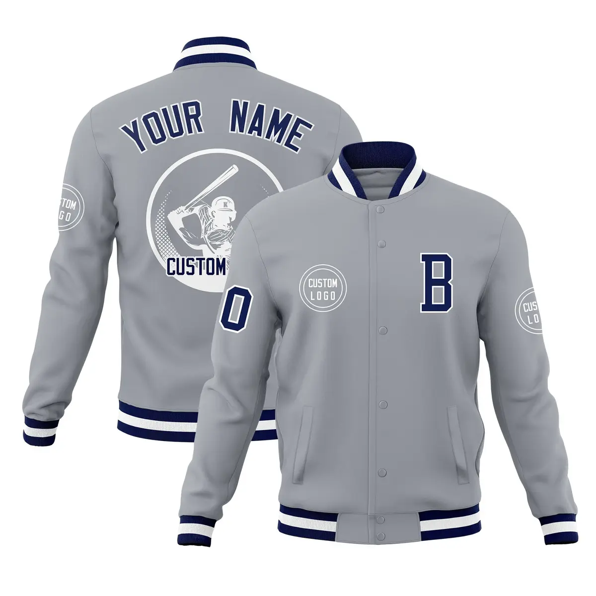 Gray Full-Snap Varsity Letterman Baseball Jacket