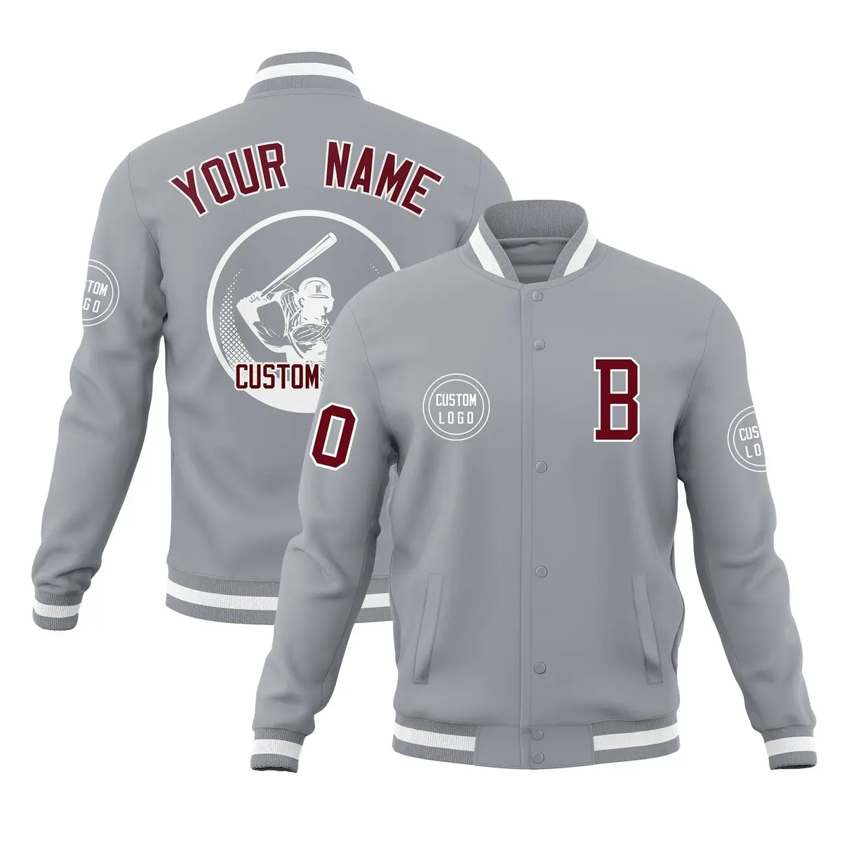 Gray Full-Snap Varsity Letterman Baseball Jacket