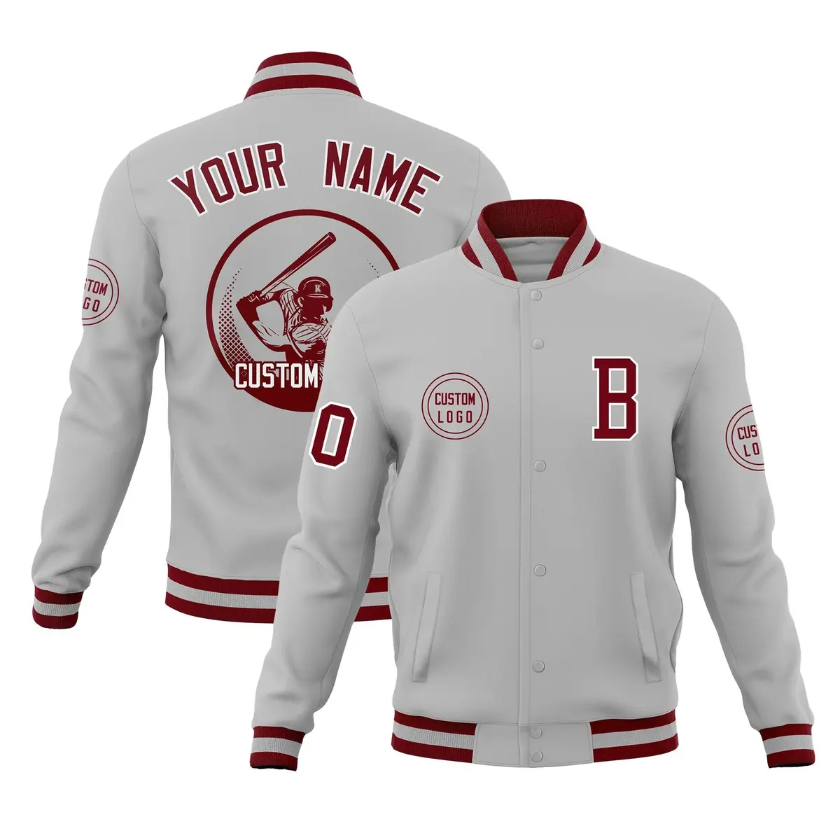 Gray Full-Snap Varsity Letterman Baseball Jacket