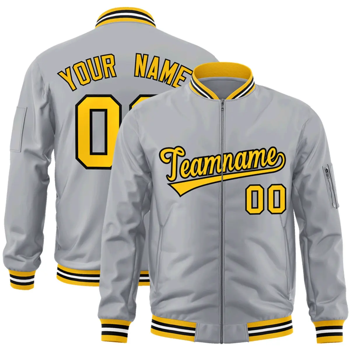 Gray Gold-Black Varsity Full-Zip Letterman Bomber Jacket