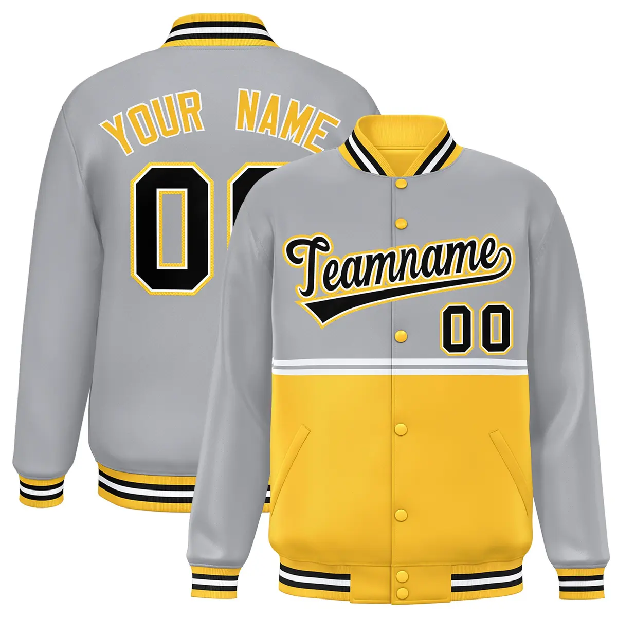 Gray Gold Color Block Varsity Full-Snap Letterman Jacket
