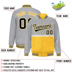Gray Gold Color Block Varsity Full-Snap Letterman Jacket 2