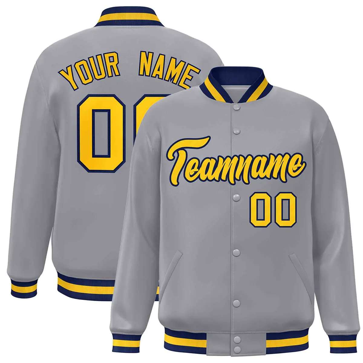 Gray Gold-Navy Classic Varsity Full-Snap Letterman Jacket