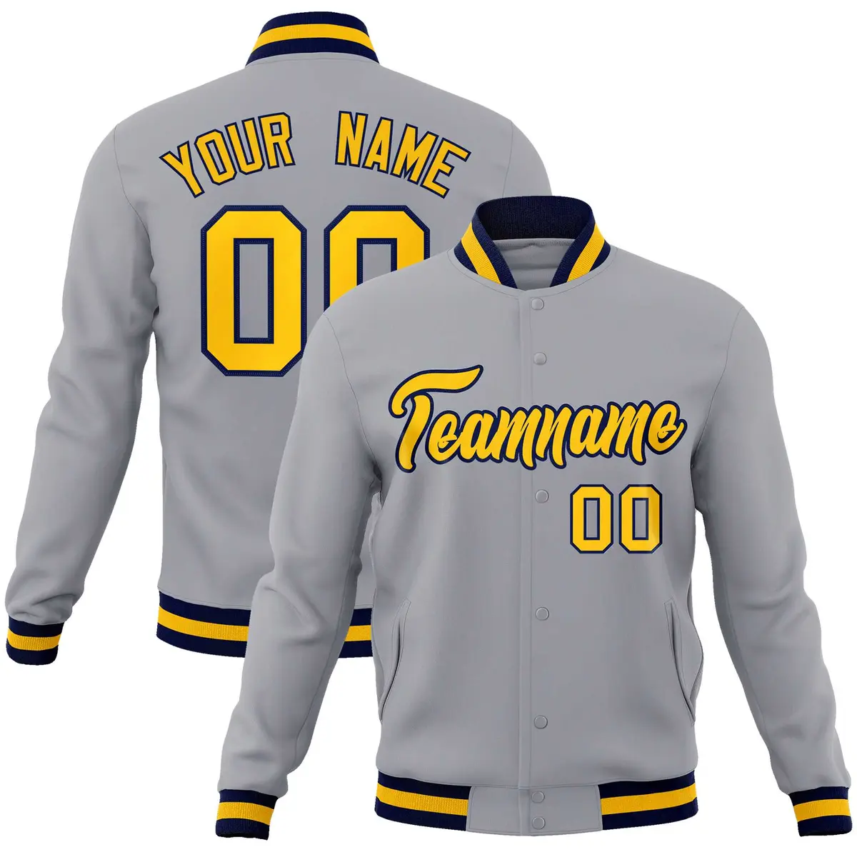 Gray Gold-Navy Classic Varsity Full-Snap Letterman Jacket