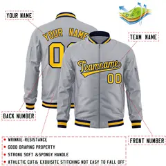Gray Gold-Navy Varsity Full-Zip Letterman Bomber Jacket 2