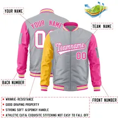 Gray Gold-Pink Raglan Varsity Full-Zip Letterman Bomber Jacket 2