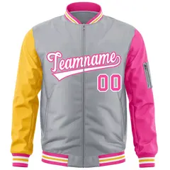 Gray Gold-Pink Raglan Varsity Full-Zip Letterman Bomber Jacket 3