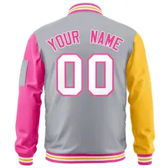 Gray Gold-Pink Raglan Varsity Full-Zip Letterman Bomber Jacket 4