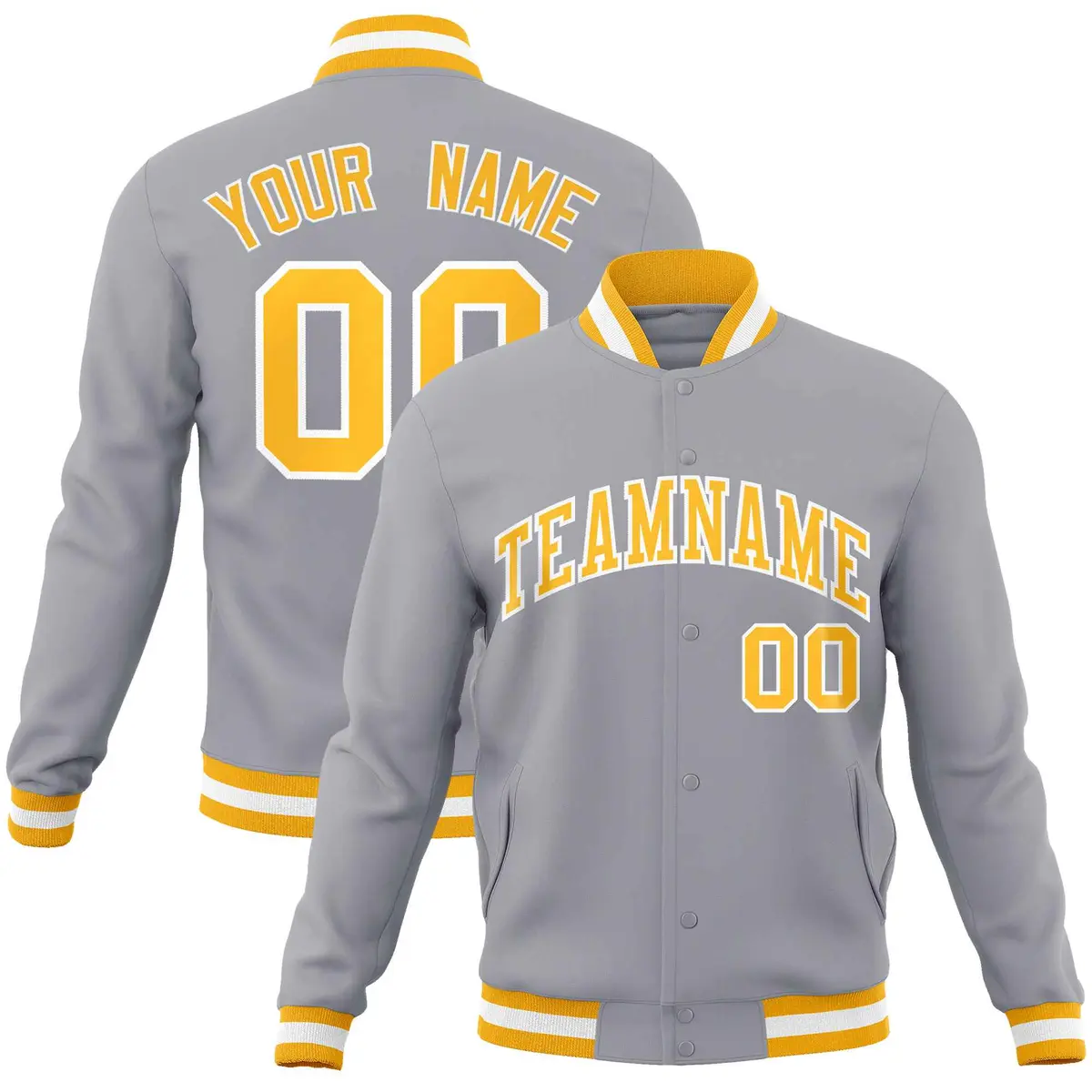 Gray Gold-White Classic Varsity Full-Snap Letterman Jacket