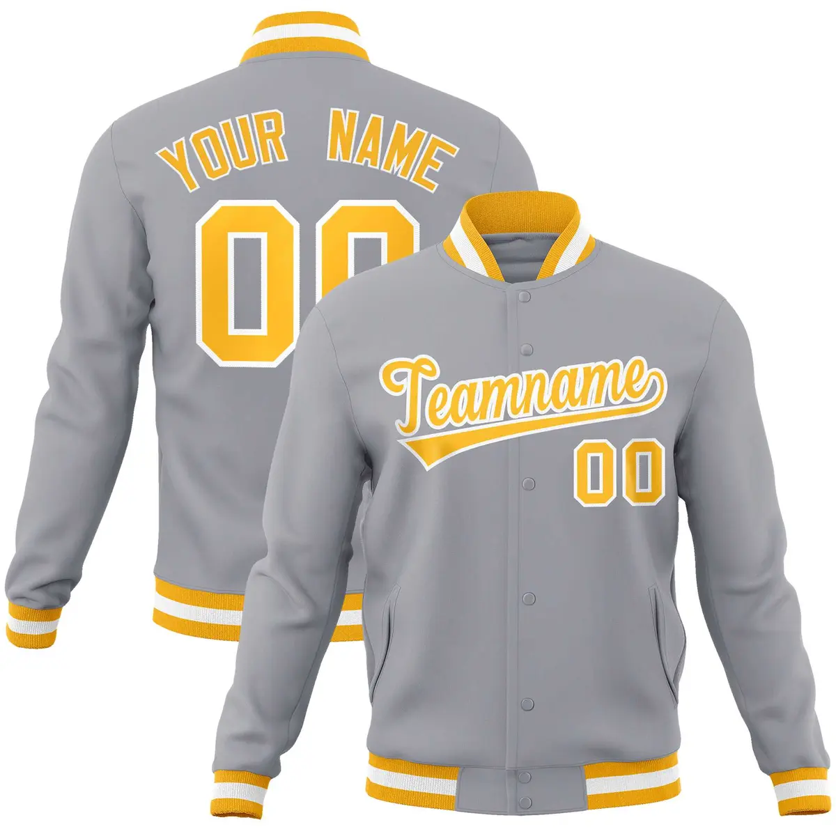 Gray Gold-White Classic Varsity Full-Snap Letterman Jacket